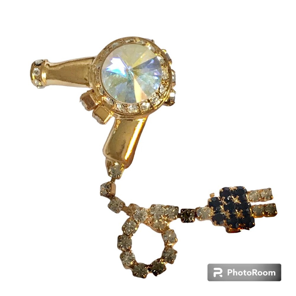 Hair Dryer Brooch Pin Blow Gold Plated Austrian Crystal Beautician Stylist Gift